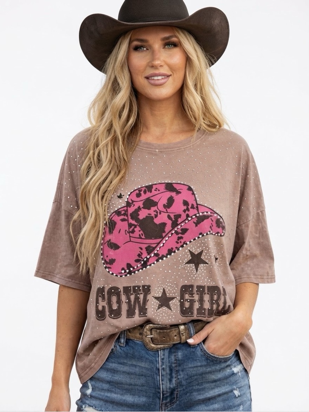 Fantastic Fawn graphic Brown rhinestones Tee with Pink Cowgirl